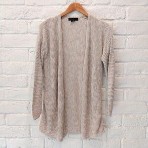 Tahari Long Linen Blend Cardigan Sweater Womens M 6 Solid Beige Tan Cable Knit